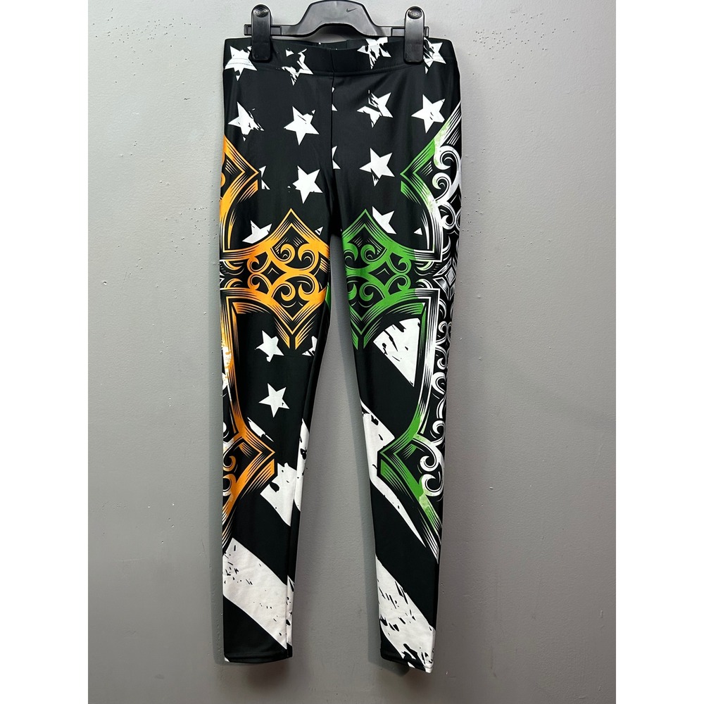Gearbunch Leggings Womens M Black Orange Green Star Graphic Print Athleisure